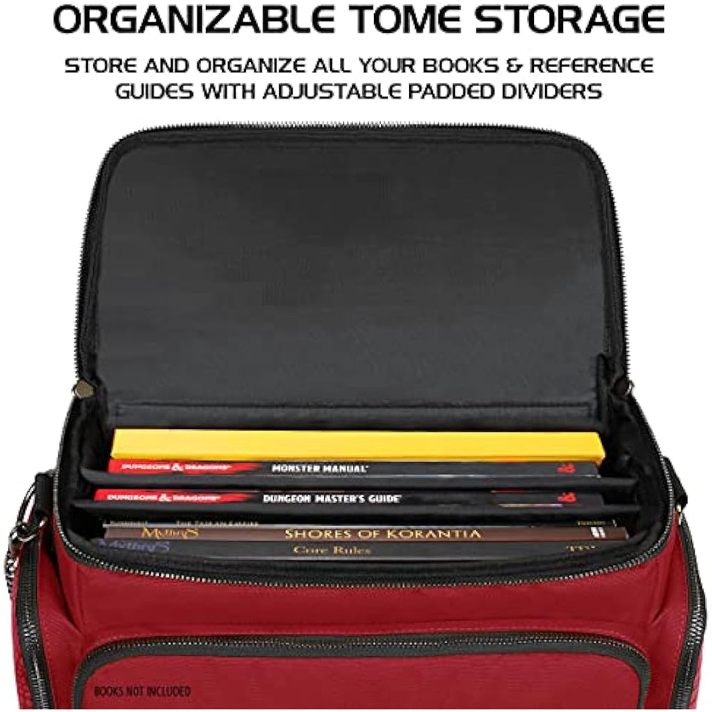 ENHANCE Collector's Edition RPG Adventurer's DND Bag - Dragon Hide Exterior Travel RPG Bag with Tabletop Miniatures Storage Vault, Mat Holder, DND Dice & Token Pockets, Fits 4-8 Books (Dragon Red)