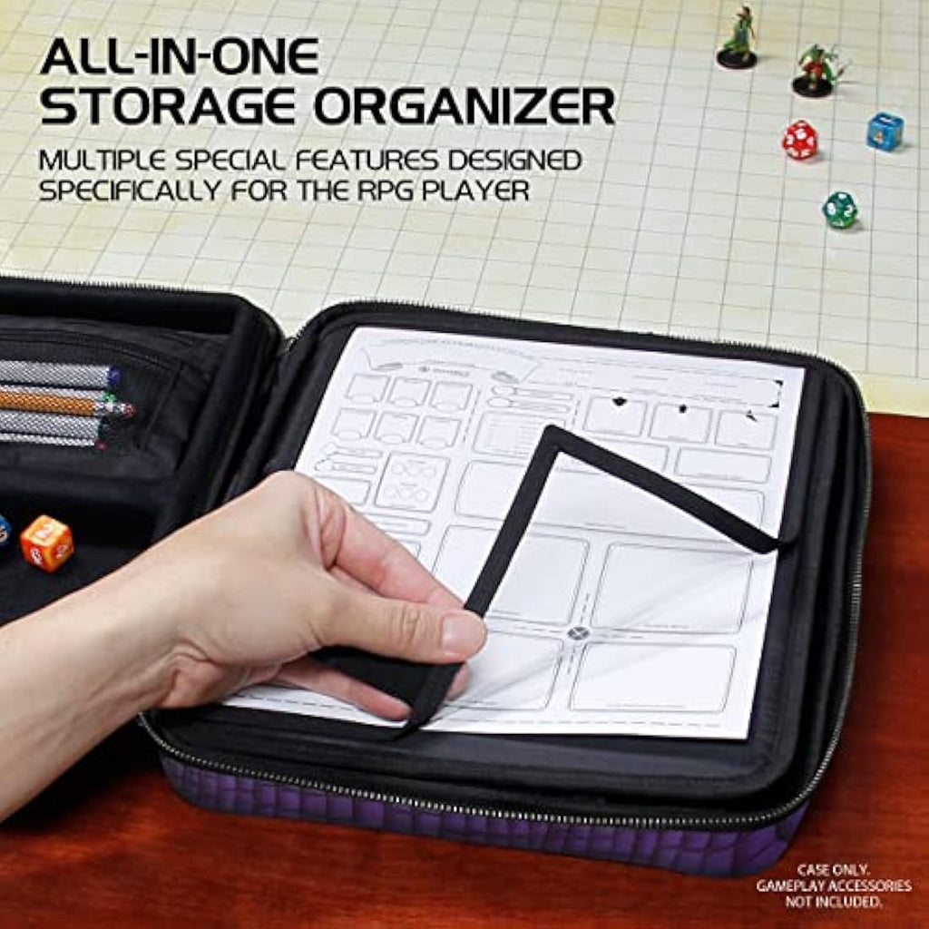 ENHANCE Collector's Edition RPG Organizer Case - DnD Binder with Built-in Character Sheet Holder and Erasable Scribe Panel, Dice Rolling Area, Removable Pen Pouch, Miniature Foam Tray (Dragon Purple)