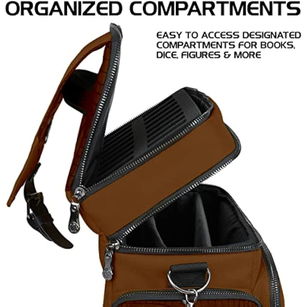 ENHANCE Table Games RPG Adventurer Bag - Dungeons and Dragons Travel Bag for Dungeon Masters with Padded Mini Figure Storage, Dice and Token Pockets, Holds 4-8 Books, Dragon Brown, Messenger Style