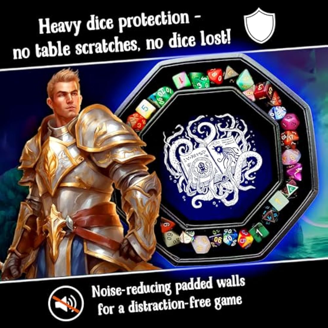 Fantasydice-CTHULHU TOME-BLUE- Dice Tray 20CM Octagon with Lid and Dice Staging Area- Holds 5 Sets(7 Dice Set/Standard) for All Tabletop RPGs Like D&D, Call of Cthulhu, Shadowrun.