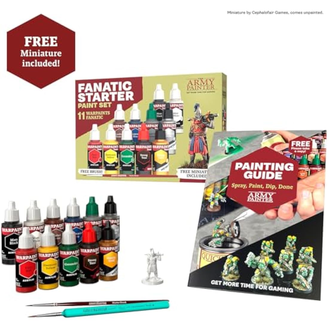 The Army Painter Warpaints Fanatic: Starter Set Combo, 11x18 ml paints: 7 Acrylic colours, 2 Metallics, 1 Wash, 2 Brushes & 1 Free Miniature figure, For models and miniature painting, DnD & Warhammer