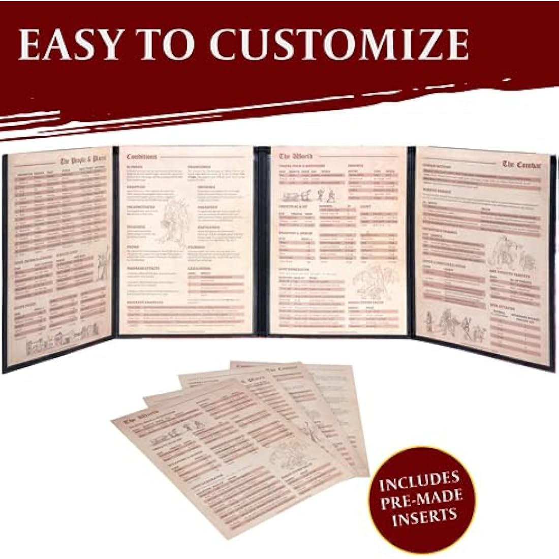 DND DM Screen 5e - D&D Dungeon Master Screen Full Color Print with Customizable Inserts - Dungeons and Dragons GM/Game Master Accessories Gift for Man or Woman. Hide Your Dice Rolls, Maps & Books.