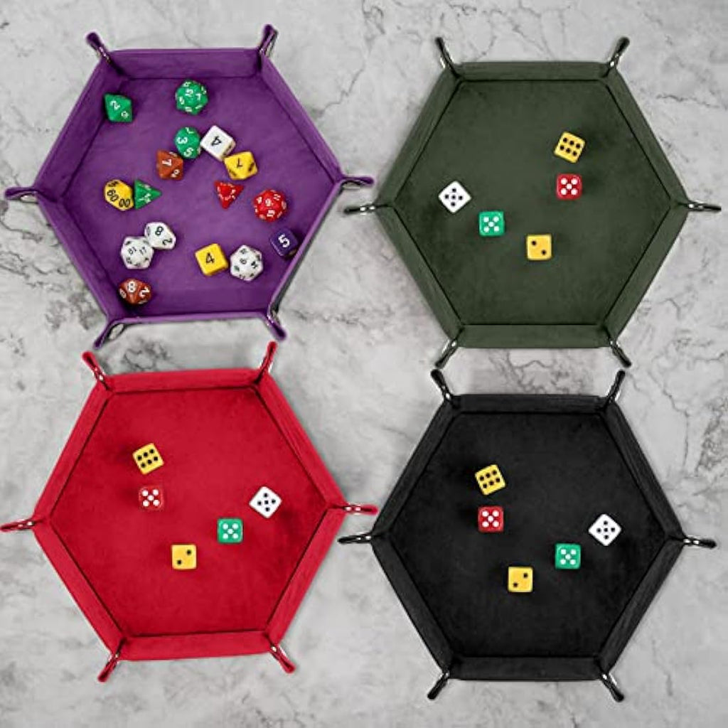 SIQUK 4 Pieces Dice Tray Hexagon Dice Rolling Tray Folding PU Leather Velvet Dice Tray for RPG DND and Other Dice Game (Dark Green, Violet, Red, Black)