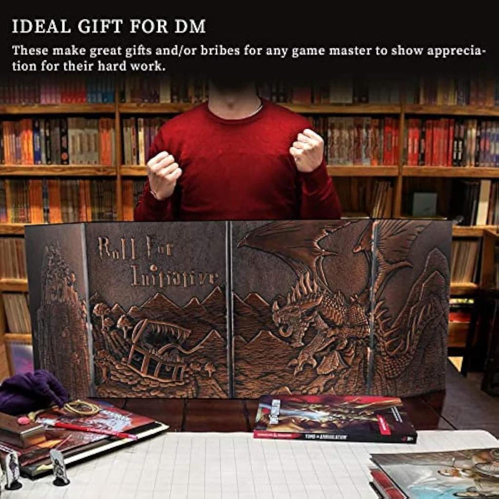 DND Dungeon Master Screen Faux Leather Embossed Dragon & Mimic, Four-Panel with Pockets DM Screen for Dungeons and Dragon, Pathfinder, D&D