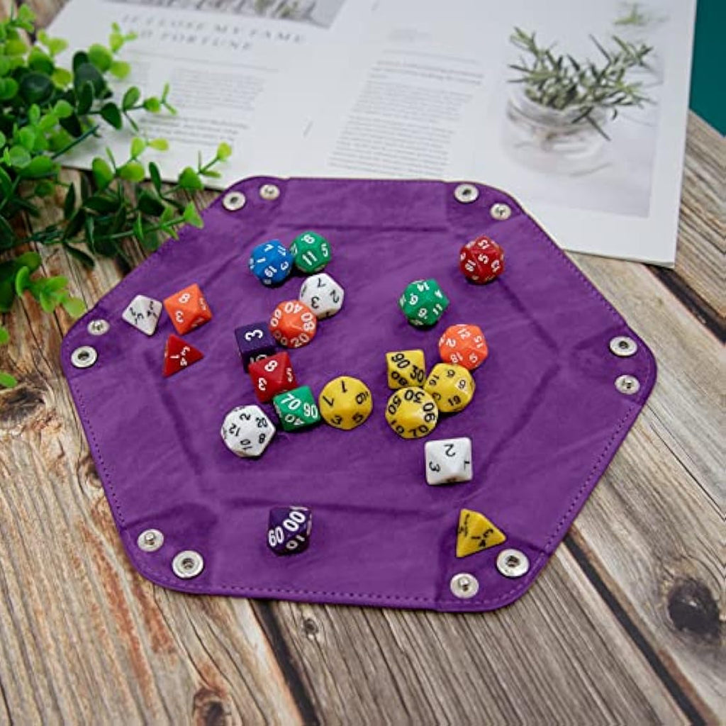 SIQUK 4 Pieces Dice Tray Hexagon Dice Rolling Tray Folding PU Leather Velvet Dice Tray for RPG DND and Other Dice Game (Black, Cyan, Violet, Royal Blue)