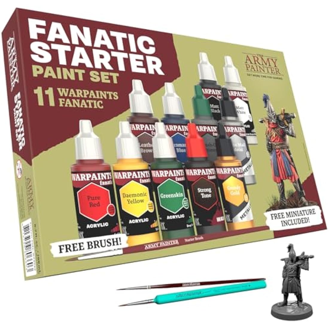 The Army Painter Warpaints Fanatic: Starter Set Combo, 11x18 ml paints: 7 Acrylic colours, 2 Metallics, 1 Wash, 2 Brushes & 1 Free Miniature figure, For models and miniature painting, DnD & Warhammer