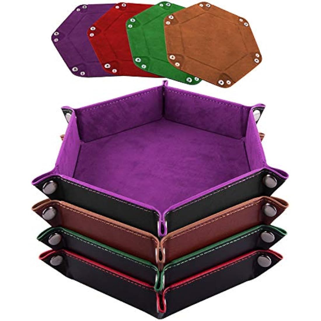 SIQUK 4 Pieces Dice Tray Hexagon Dice Rolling Tray Folding PU Leather Velvet Dice Tray for Dungeons and Dragons RPG DND Dice Game, 4 Colours