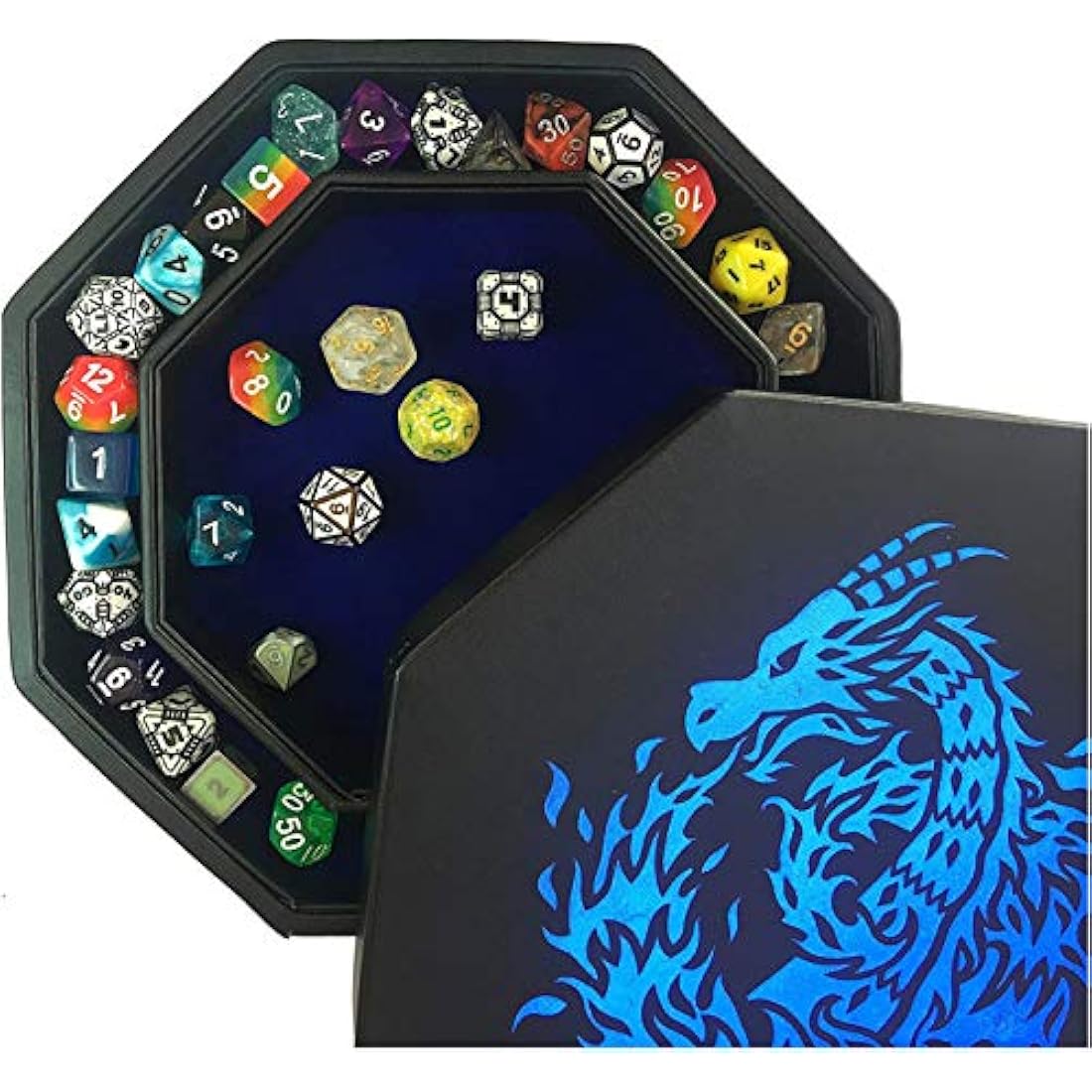 Fantasydice- Fire Dragon - Dice Tray - 20CM Octagon with Lid and Dice Staging Area- Holds 5 Sets of Dice(7 / Standard) For All Tabletop RPGs Like D&D, Call of Cthulhu, Shadowrun. (BLUE)