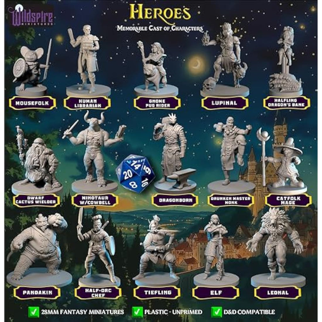 Wildspire Heroes, Animal Companions & Troll King for DND Miniatures Bulk 28mm DND Minis Dungeons and Dragons D&D Miniatures Dungeons and Dragons Unpainted Figures for Tabletop