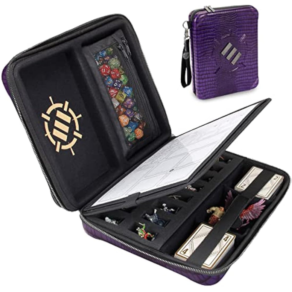 ENHANCE Collector's Edition RPG Organizer Case - DnD Binder with Built-in Character Sheet Holder and Erasable Scribe Panel, Dice Rolling Area, Removable Pen Pouch, Miniature Foam Tray (Dragon Purple)
