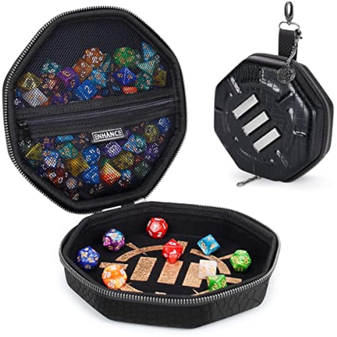 ENHANCE DnD Dice Tray and Case - Collector's Edition DnD Dice Holder up to 150 D&D Shakers with Hard Shell Exterior and Protective Soft Interior - Rolling Tray Perfect for Game Night (Dragon Black)