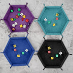 SIQUK 4 Pieces Dice Tray Hexagon Dice Rolling Tray Folding PU Leather Velvet Dice Tray for RPG DND and Other Dice Game (Black, Cyan, Violet, Royal Blue)