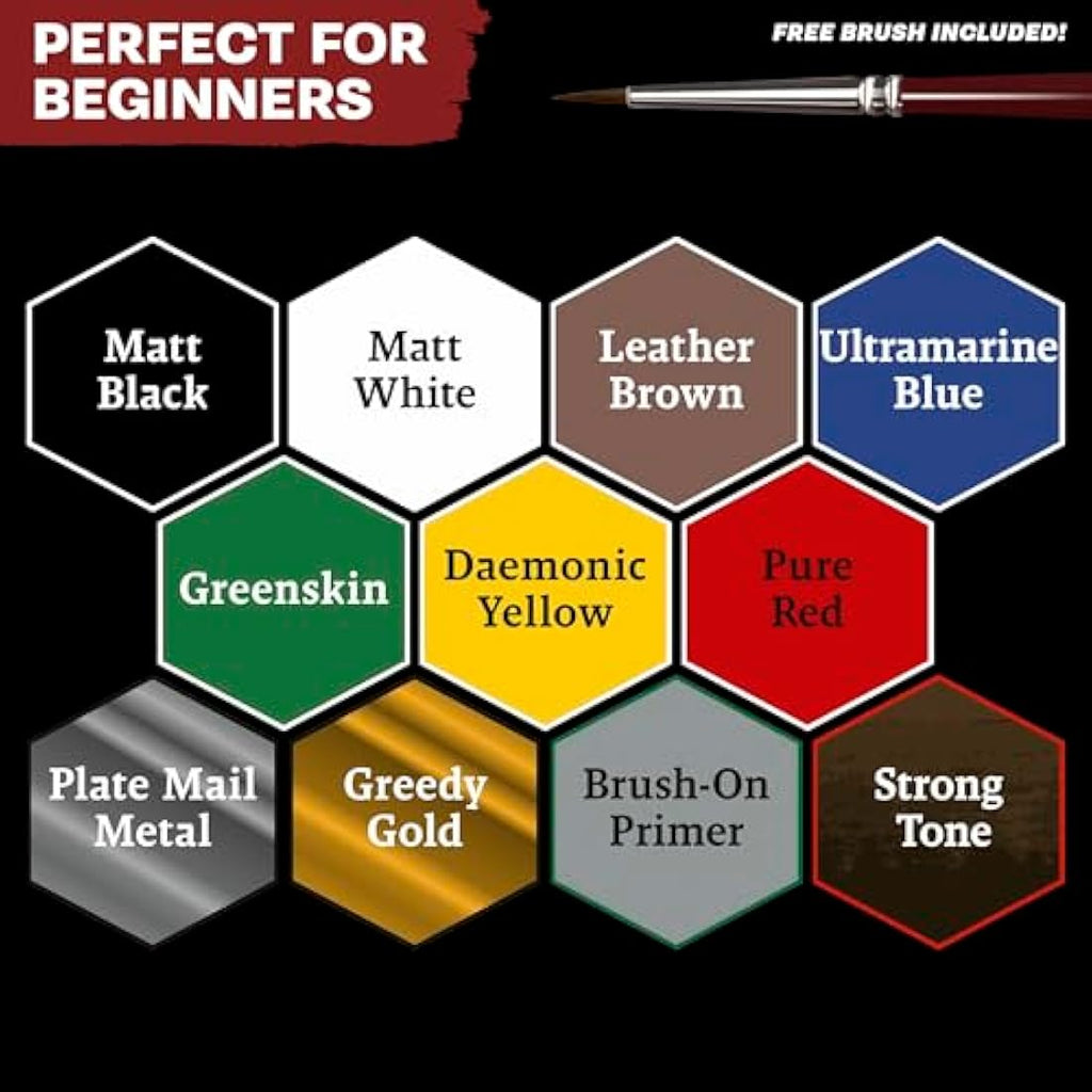 The Army Painter Warpaints Fanatic: Starter Set Combo, 11x18 ml paints: 7 Acrylic colours, 2 Metallics, 1 Wash, 2 Brushes & 1 Free Miniature figure, For models and miniature painting, DnD & Warhammer