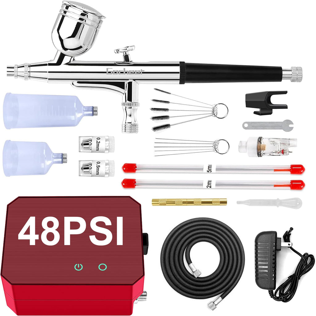 Omeyo Airbrush Kit with Air Compressor, 48 PSI High Pressure Air Brush Non-Clogging with 0.2/0.3/0.5mm Nozzle/Cleaning Sets, Ideal for Painting,