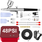 Omeyo Airbrush Kit with Air Compressor, 48 PSI High Pressure Air Brush Non-Clogging with 0.2/0.3/0.5mm Nozzle/Cleaning Sets, Ideal for Painting,