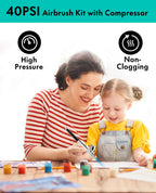 Omeyo Airbrush Kit with Air Compressor, 48 PSI High Pressure Air Brush Non-Clogging with 0.2/0.3/0.5mm Nozzle/Cleaning Sets, Ideal for Painting,