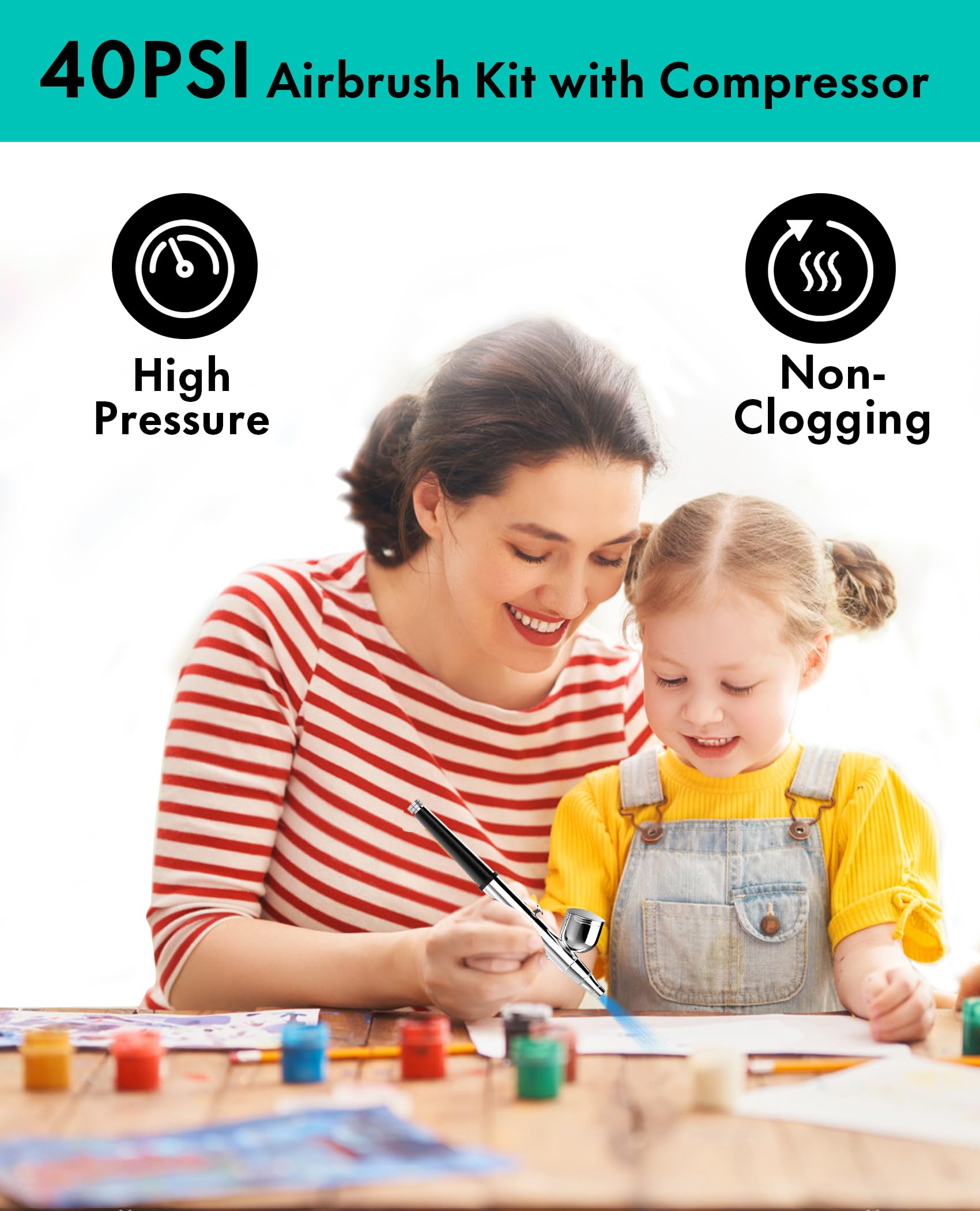 Omeyo Airbrush Kit with Air Compressor, 48 PSI High Pressure Air Brush Non-Clogging with 0.2/0.3/0.5mm Nozzle/Cleaning Sets, Ideal for Painting,