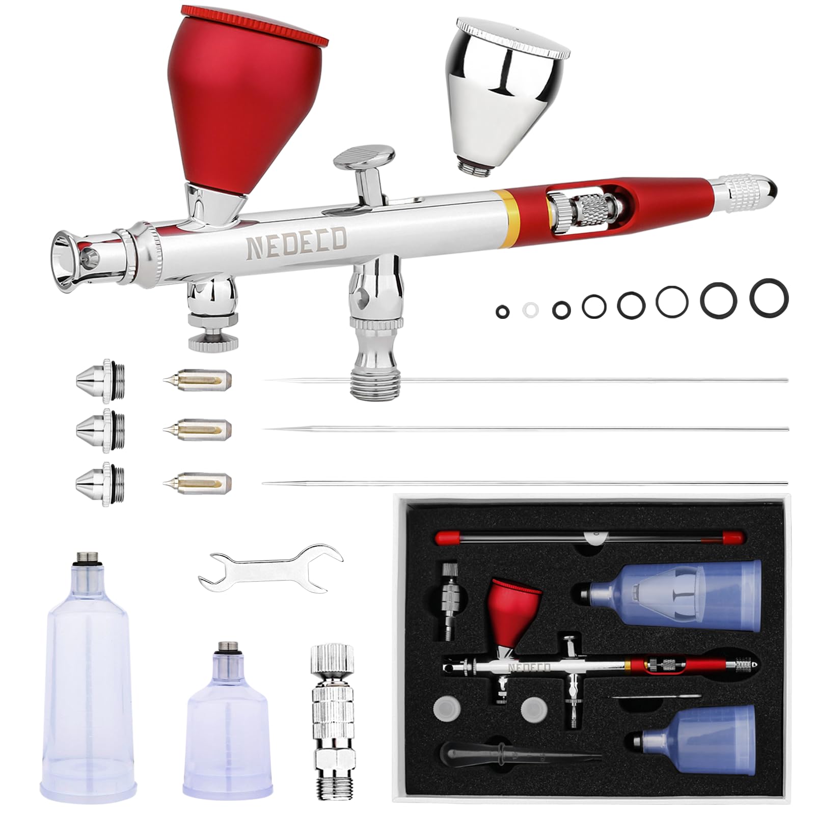 NEOECO SJ83 Airbrush, Self-Centring Plug-in Nozzle0.2, 0.3 & 0.5mm Nozzle Sets and 1/3 oz Cup, Dual-Action Gravity Feed Airbrush with 1/3 oz,2/3