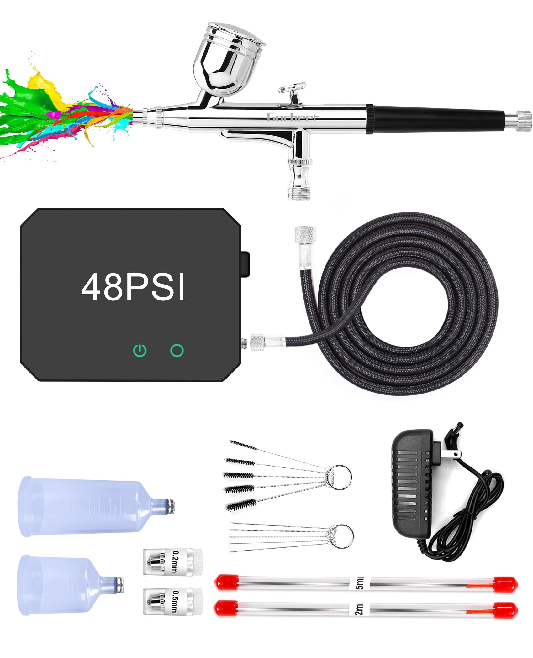Omeyo Airbrush Kit with Air Compressor, 48 PSI High Pressure Air Brush Non-Clogging with 0.2/0.3/0.5mm Nozzle/Cleaning Sets, Ideal for Painting,