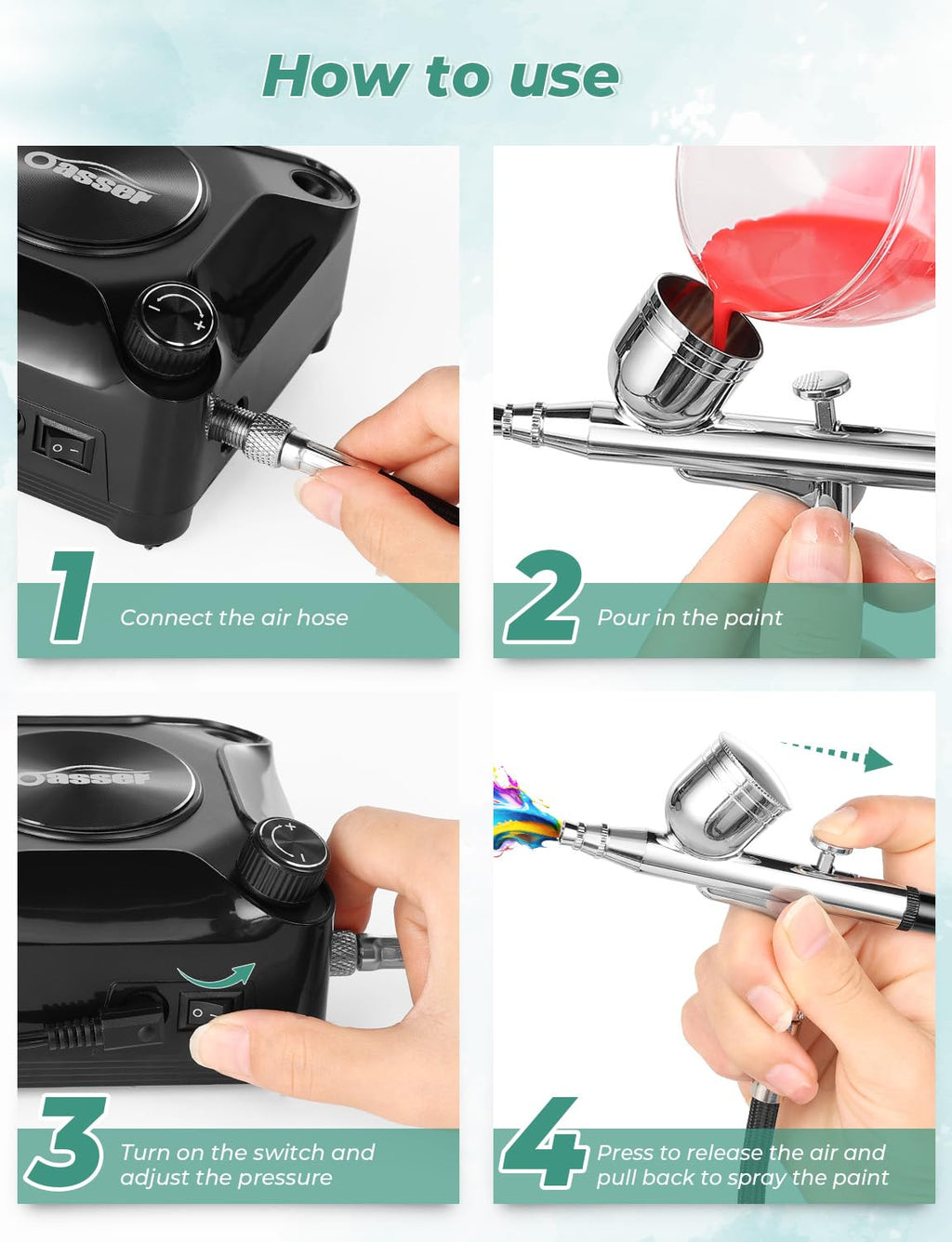 Oasser Airbrush Compressor Kit, Dual Action Airbrush Suit 36PSI, 0.2 0.3 0.5 mm Nozzle for Model, Tattoo, Makeup, Cake