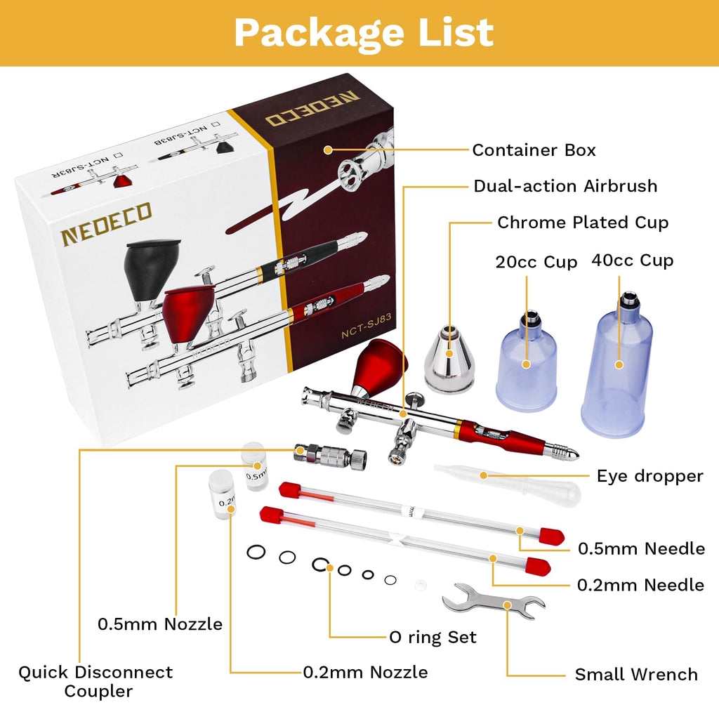 NEOECO SJ83 Airbrush, Self-Centring Plug-in Nozzle0.2, 0.3 & 0.5mm Nozzle Sets and 1/3 oz Cup, Dual-Action Gravity Feed Airbrush with 1/3 oz,2/3
