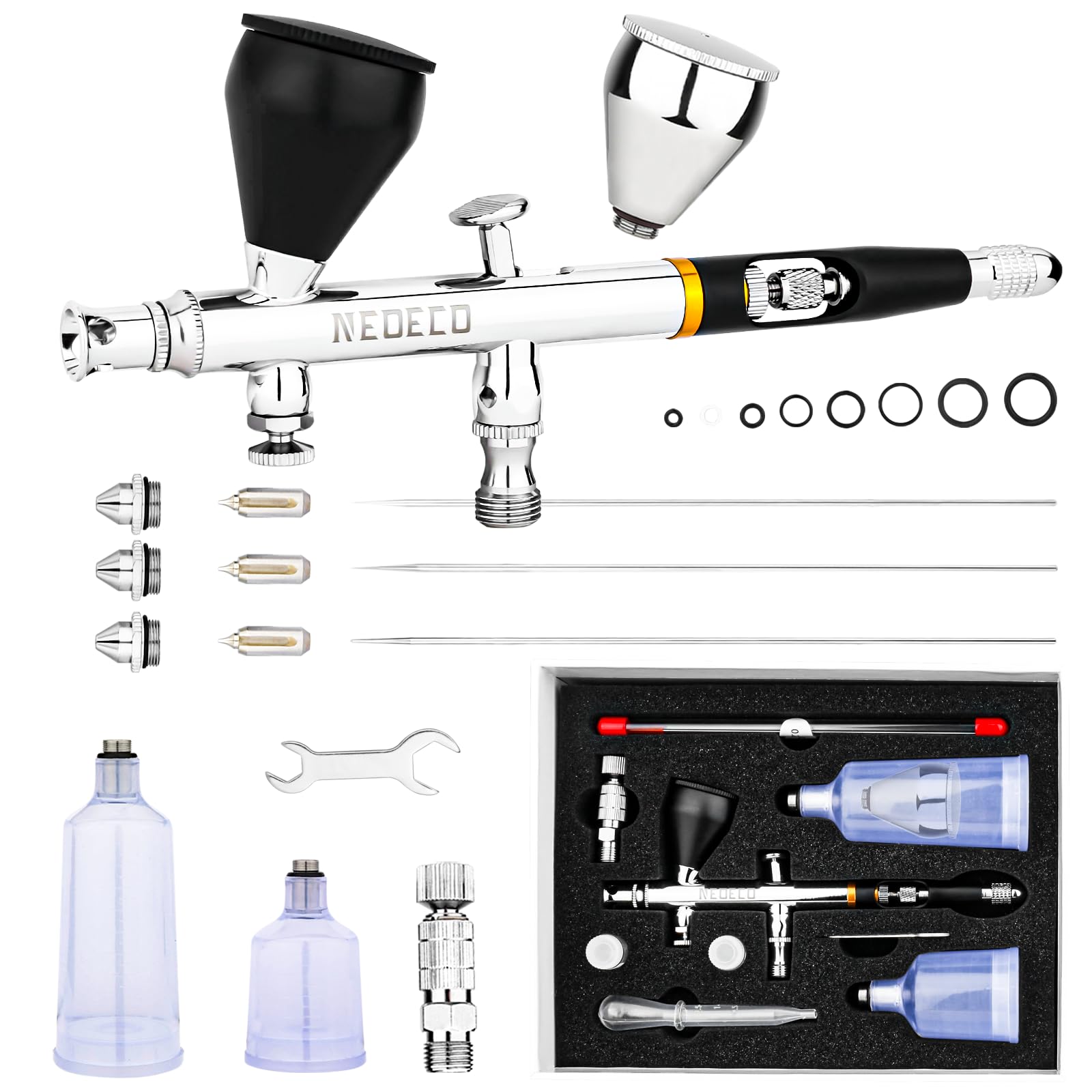 NEOECO SJ83 Airbrush, Self-Centring Plug-in Nozzle0.2, 0.3 & 0.5mm Nozzle Sets and 1/3 oz Cup, Dual-Action Gravity Feed Airbrush with 1/3 oz,2/3