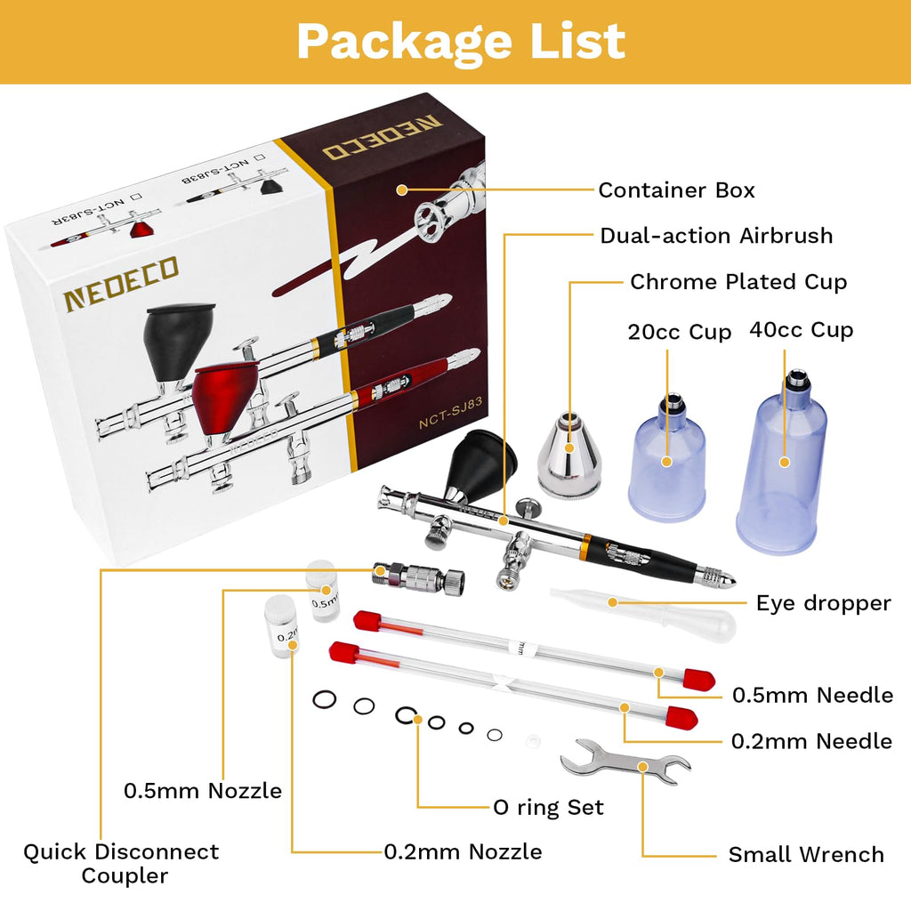 NEOECO SJ83 Airbrush, Self-Centring Plug-in Nozzle0.2, 0.3 & 0.5mm Nozzle Sets and 1/3 oz Cup, Dual-Action Gravity Feed Airbrush with 1/3 oz,2/3