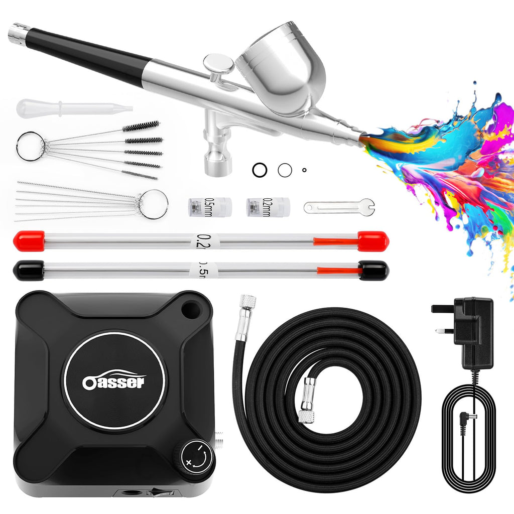 Oasser Airbrush Compressor Kit, Dual Action Airbrush Suit 36PSI, 0.2 0.3 0.5 mm Nozzle for Model, Tattoo, Makeup, Cake
