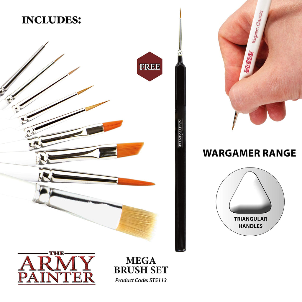 The Army Painter Wargames Mega Brush Set - 10 Miniature Paint Brushes Including Free Masterclass Kolinsky Sable Hair Brush and Detail Paint Brush with