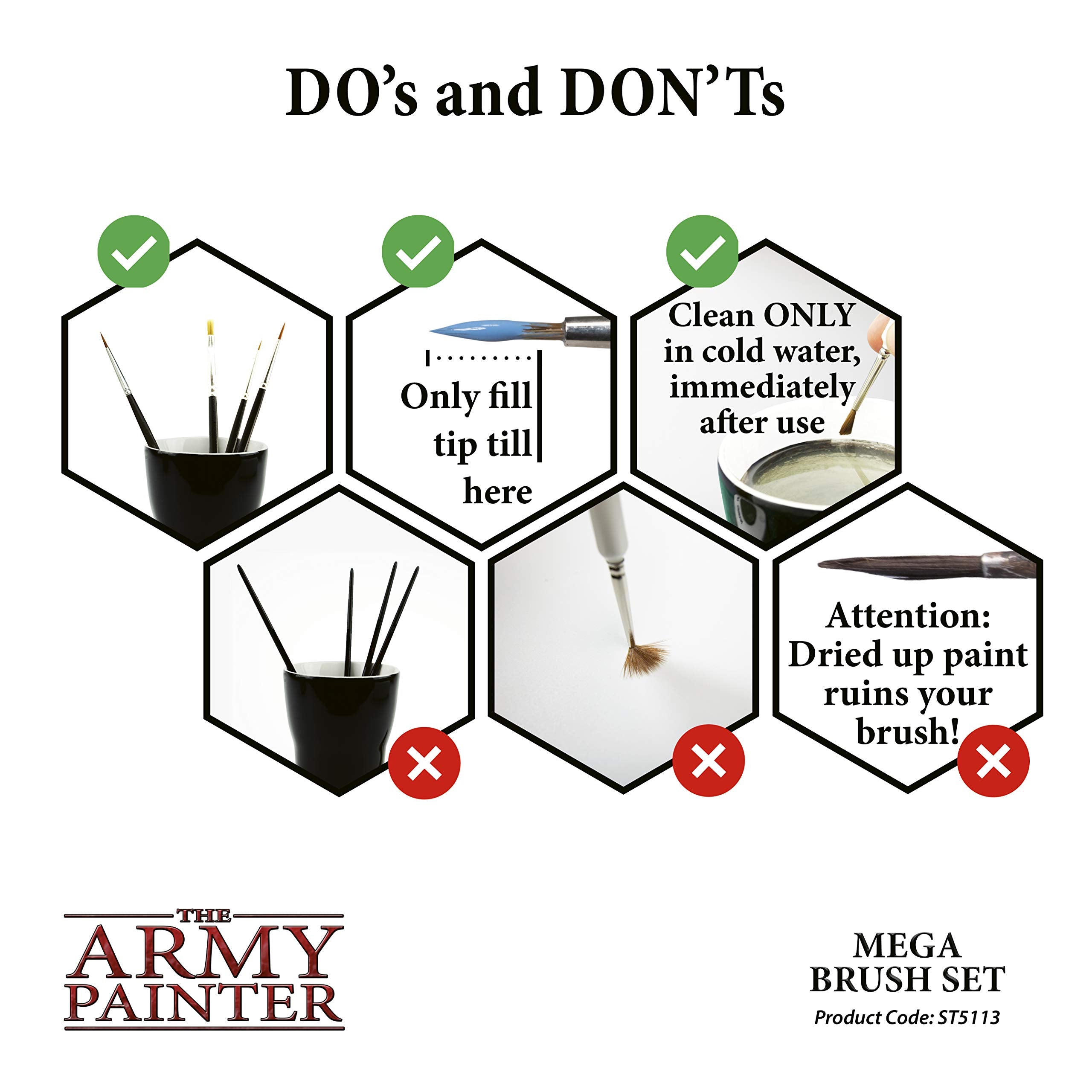 The Army Painter Wargames Mega Brush Set - 10 Miniature Paint Brushes Including Free Masterclass Kolinsky Sable Hair Brush and Detail Paint Brush with