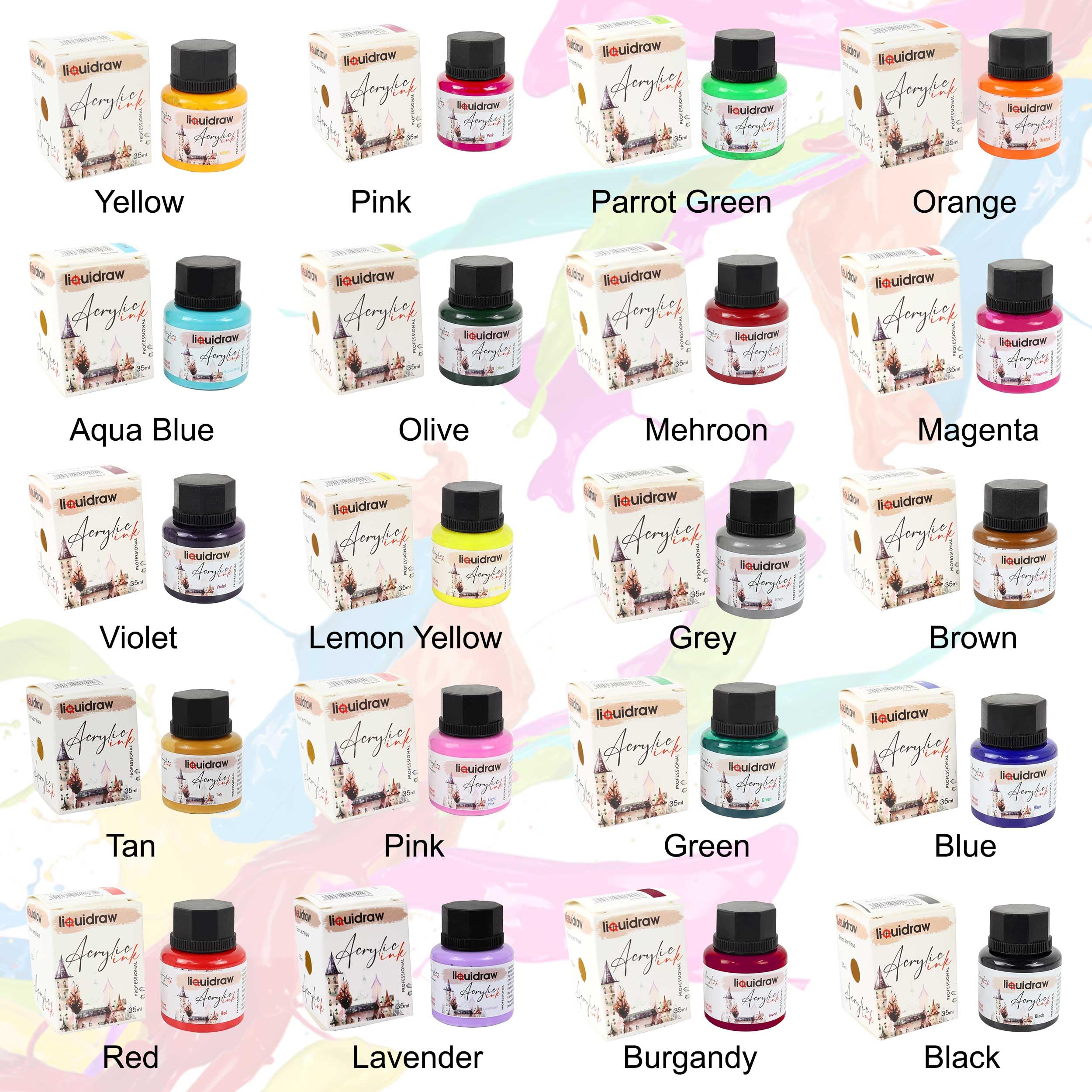 Liquidraw Acrylic Inks for Artists Set of 20 Waterproof Ink Set 35ml Professional for Painting, Drawing, Paints, Art, Brushes, Paper, Board, Canvas,