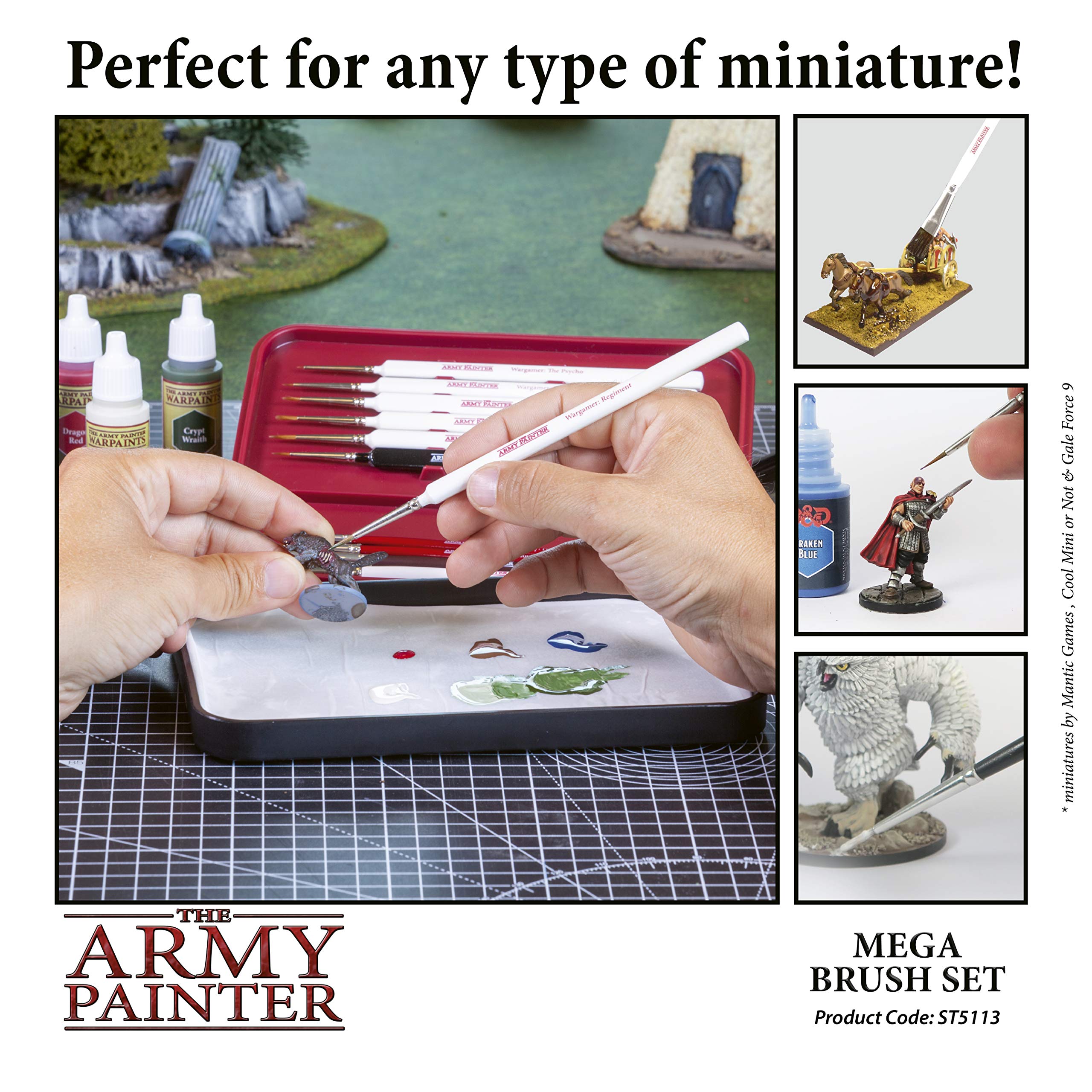 The Army Painter Wargames Mega Brush Set - 10 Miniature Paint Brushes Including Free Masterclass Kolinsky Sable Hair Brush and Detail Paint Brush with