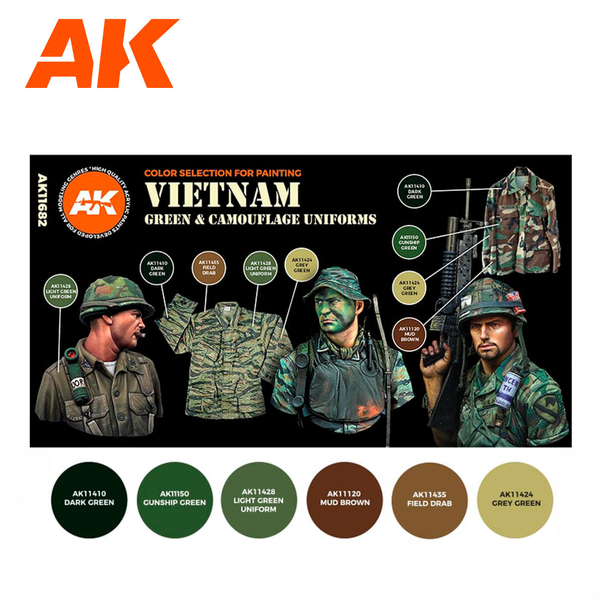 AK Interactive 3rd Gen AFV Paint Set - Vietnam Green & Camouflage Colors