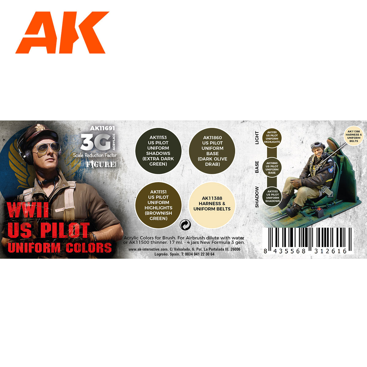 AK Interactive 3rd Gen Aircraft Paint Set - WWII US Uniform Colors AK11691