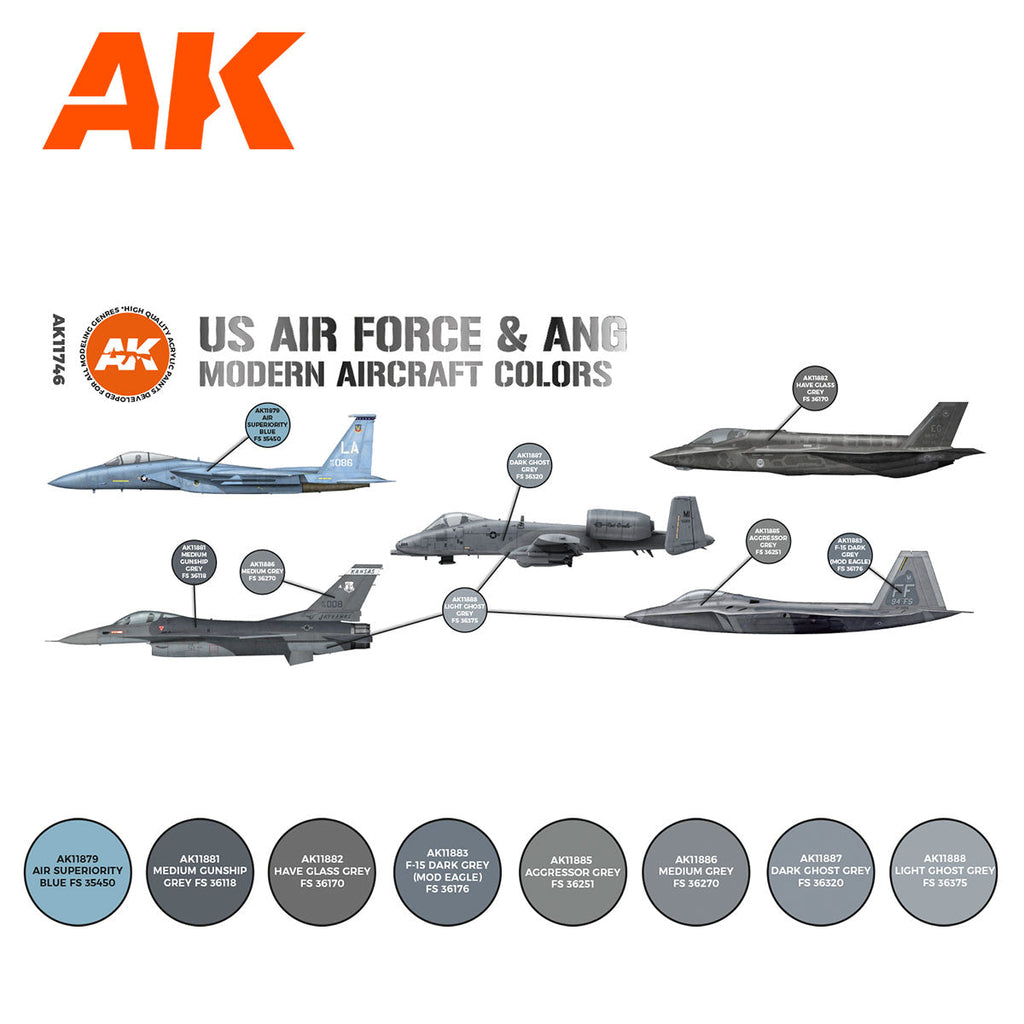 AK Interactive 3rd Gen Aircraft Paint Set - US Air Force & ANG Modern Aircraft Colors Set