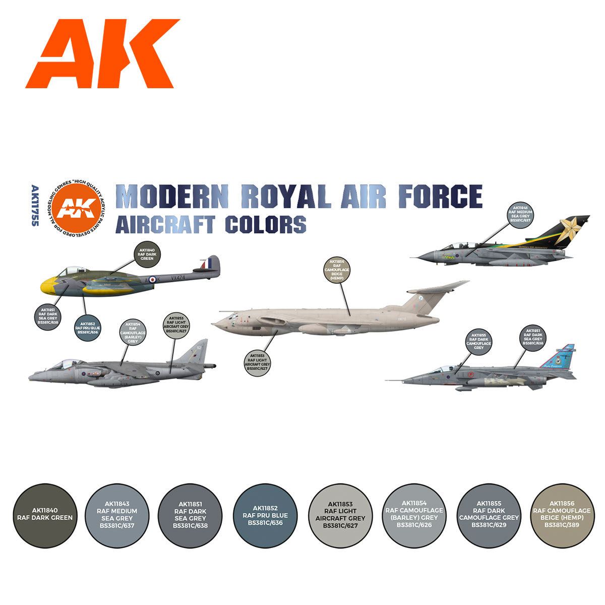 AK Interactive 3rd Gen Aircraft Paint Set - Modern Royal Air Force Aircraft Colors Set