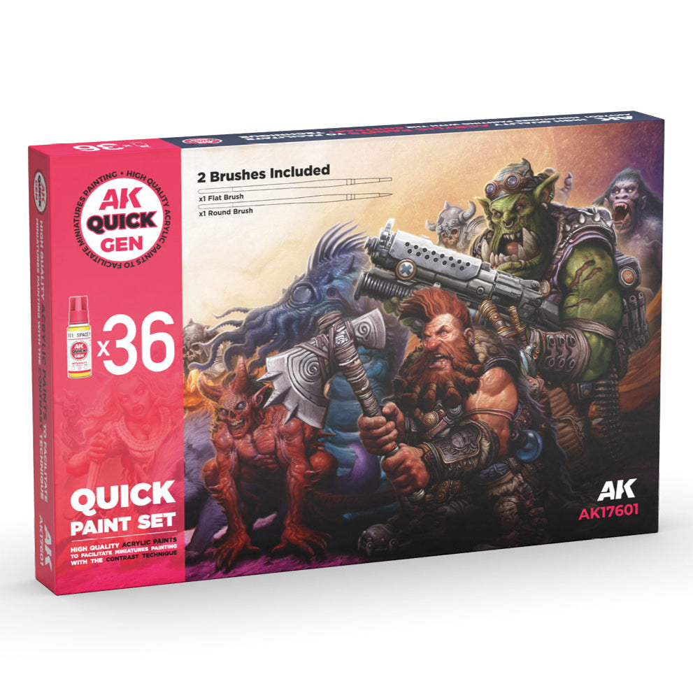 AK Interactive Quick Gen Paint Set - 36 Quick Gen Colors & 2 Brushes AK17601