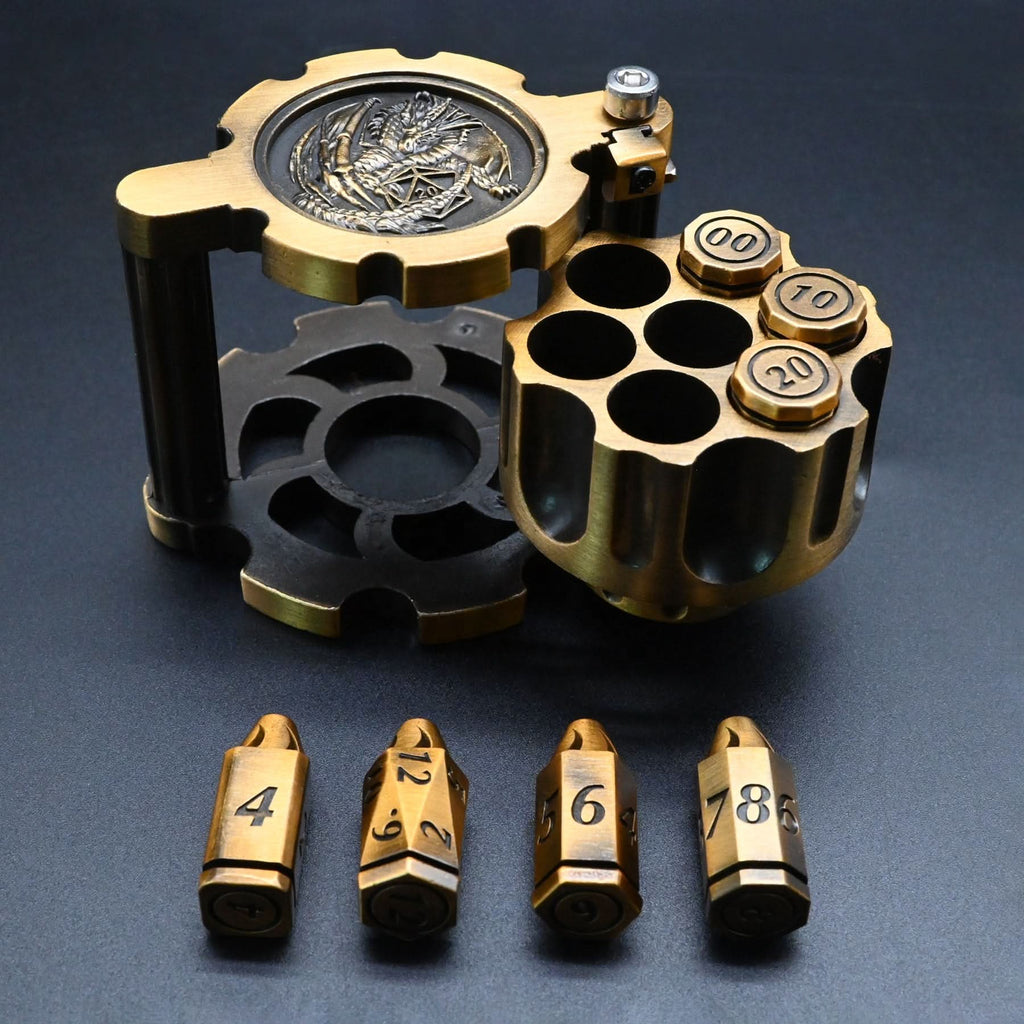 Hexchamber | Ancient Gold | Bullet Dice Set with Spinning Revolver Case
