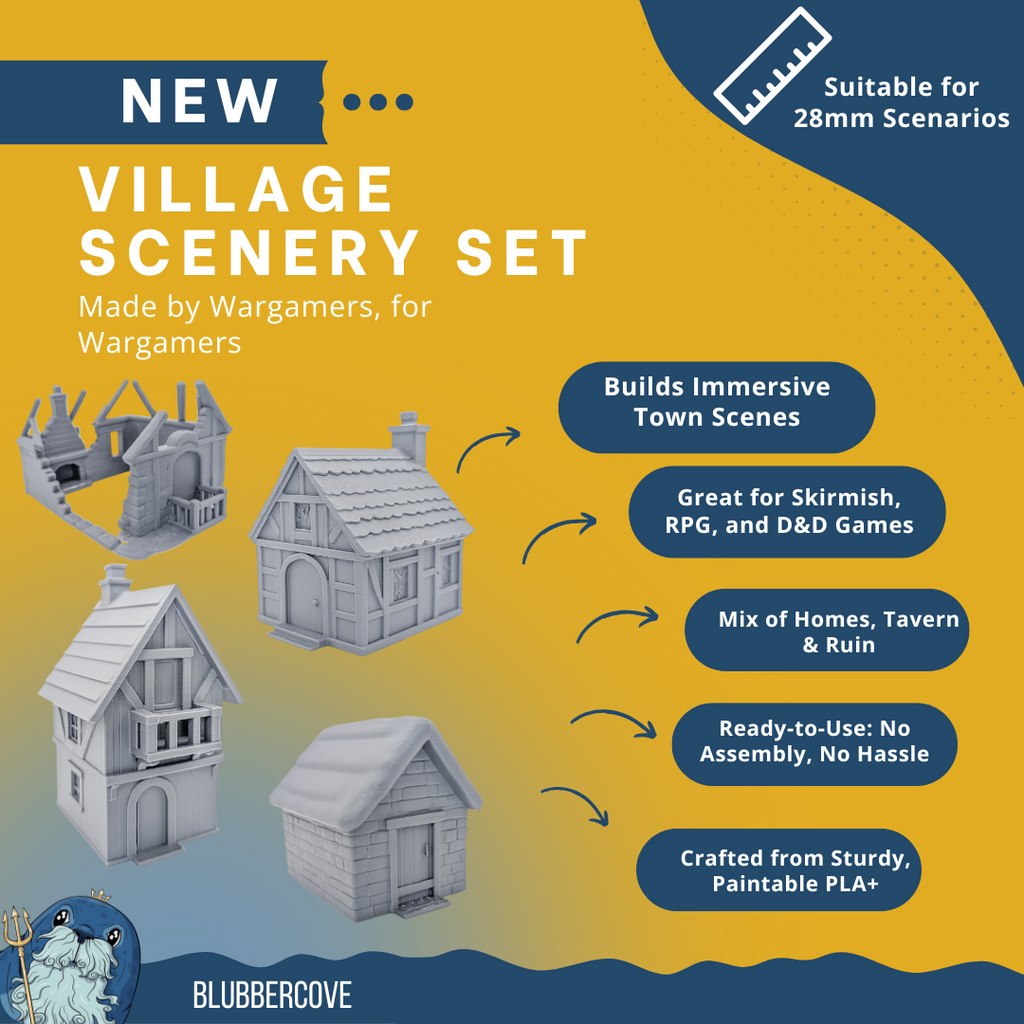 28mm Fantasy Village Buildings | DND RPG Scatter Terrain for Wargames