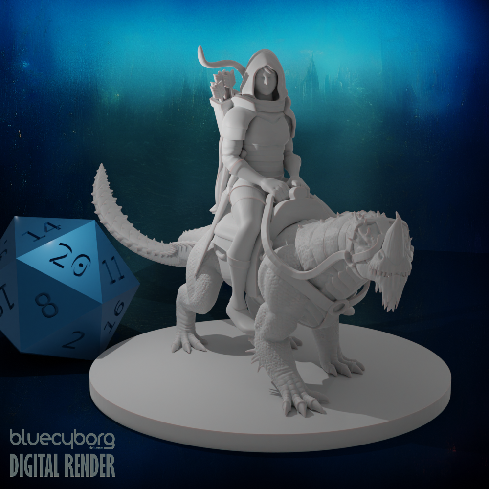 Elf Female Drake Warden Ranger with Drake Mount & Leather Armor 28mm Scale Miniature