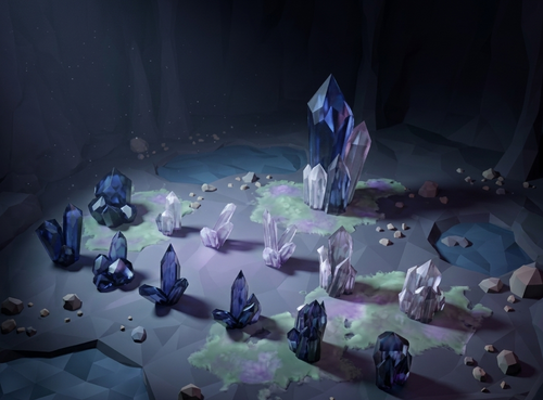 Crystal formations in a dark, otherworldly landscape