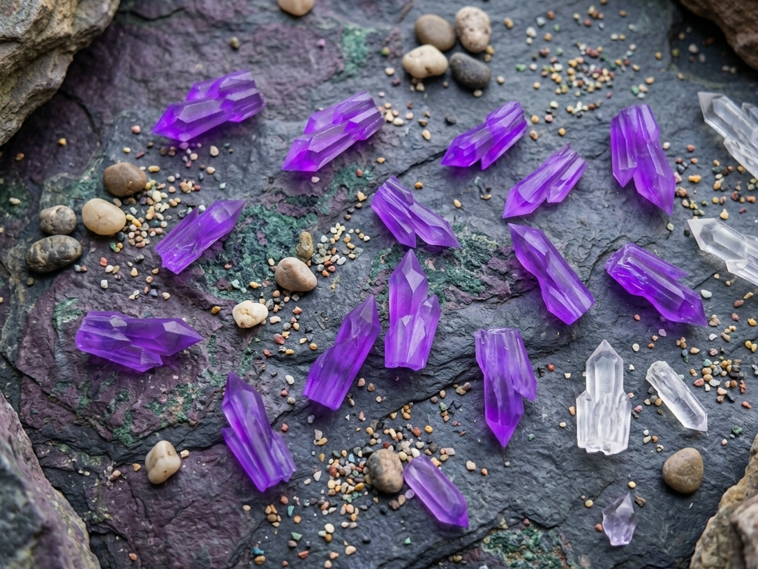 Purple crystals on a dark stone surface with small stones and minerals.