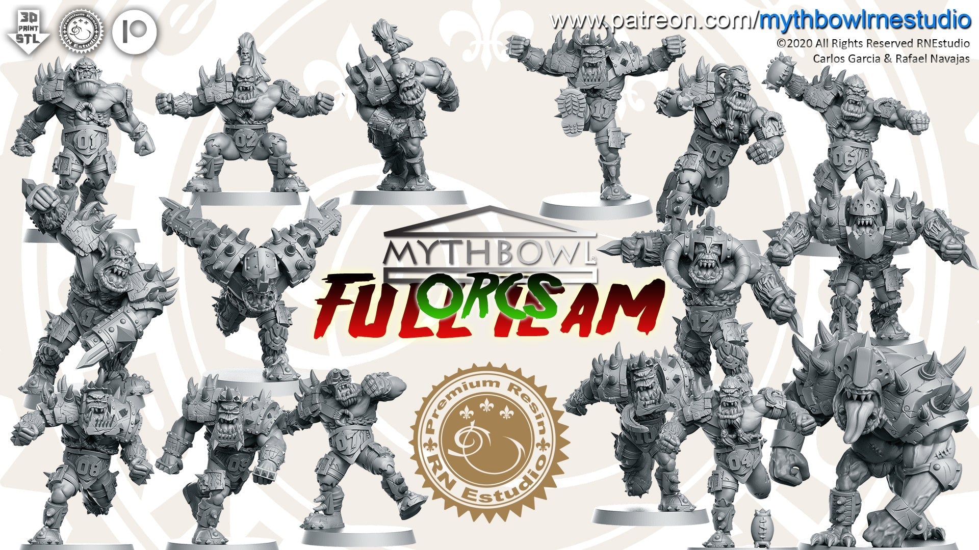 Orc Miniatures (Full Team) | Mythbowl | Fantasy Miniature | RN Estudio