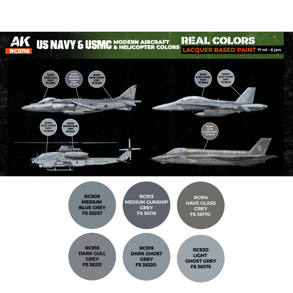 AK Interactive Real Colors - US Navy & USMC Modern Aircraft & Helicopter Set (RCS116)