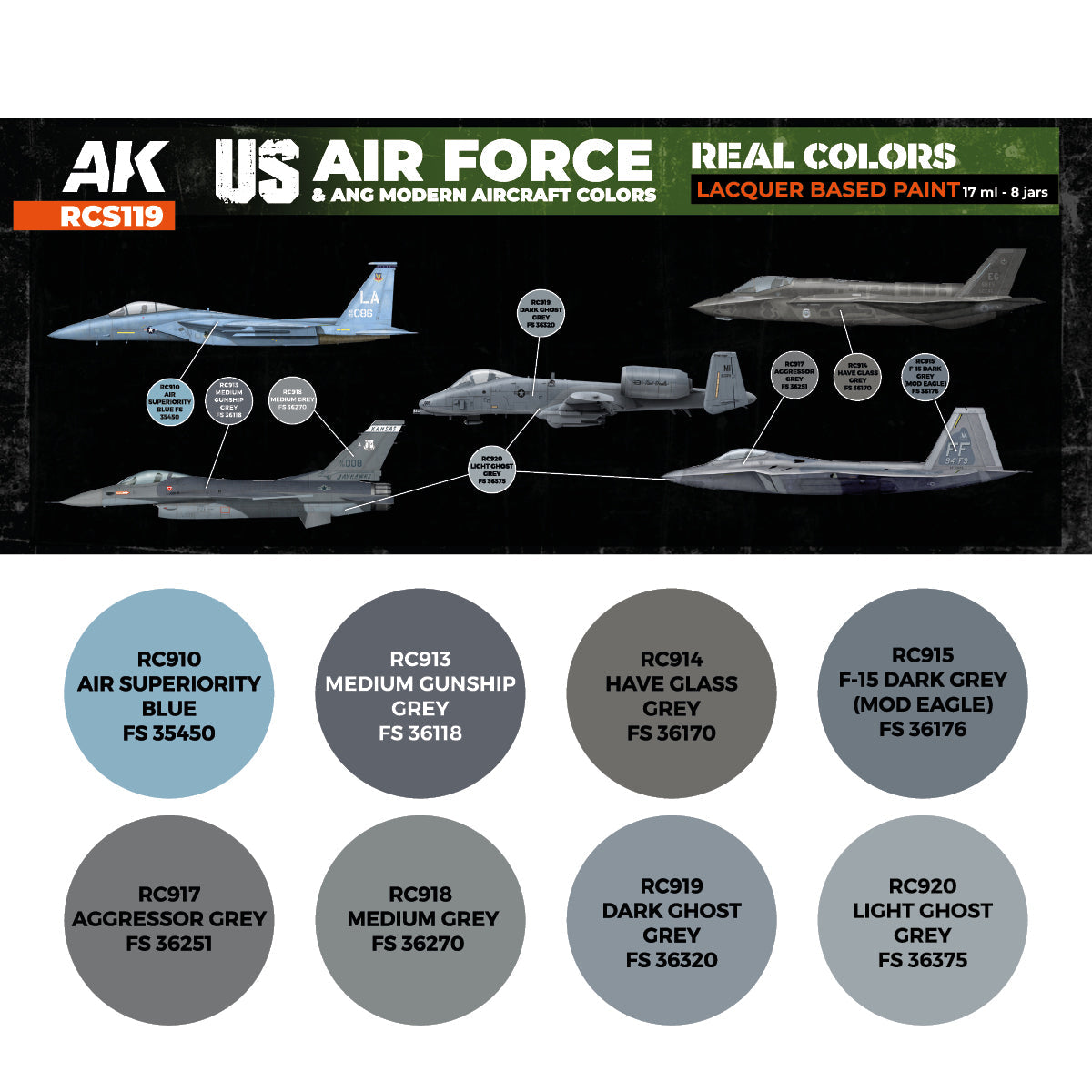 AK Interactive Real Colors - US Air Force & ANG Modern Aircraft Colors Set (RCS119)