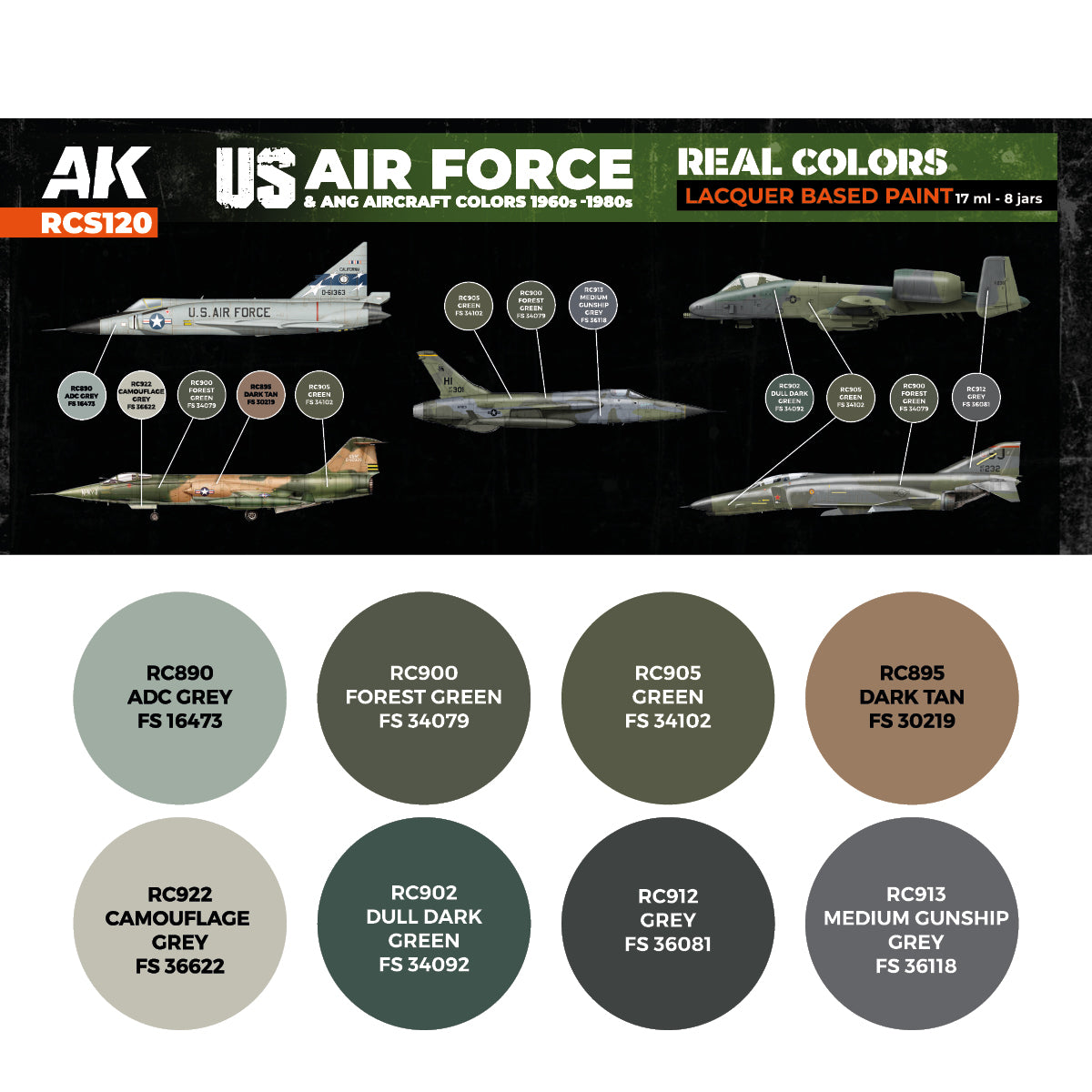 AK Interactive Real Colors - US Air Force & ANG Aircraft 1960s-1980s Set (RCS120)