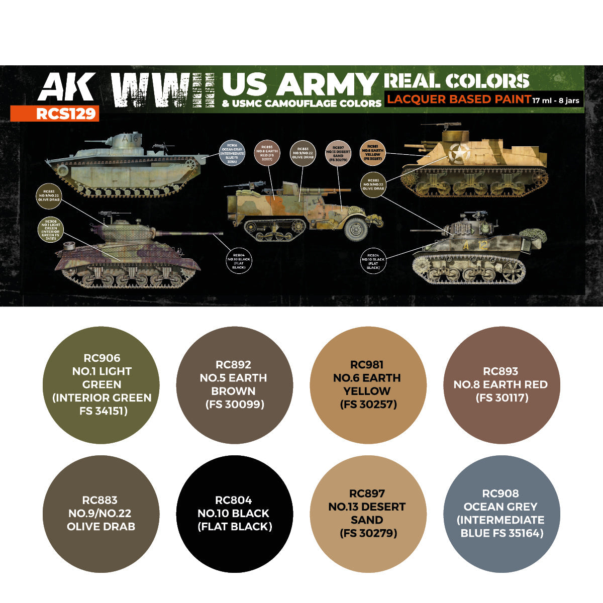 AK Interactive Real Colors - WWII US Army & USMC Camouflage Colors Set (RCS129)