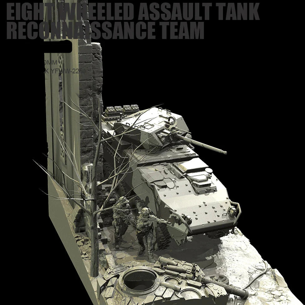 1/35 Scale Resin Soldier Figure Scene | 8-Wheeled Armored Car Diorama (5 Soldiers + Platform) | Self-Assembled Model Kit