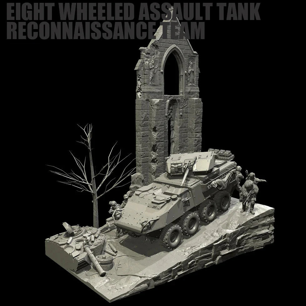 1/35 Scale Resin Soldier Figure Scene | 8-Wheeled Armored Car Diorama (5 Soldiers + Platform) | Self-Assembled Model Kit