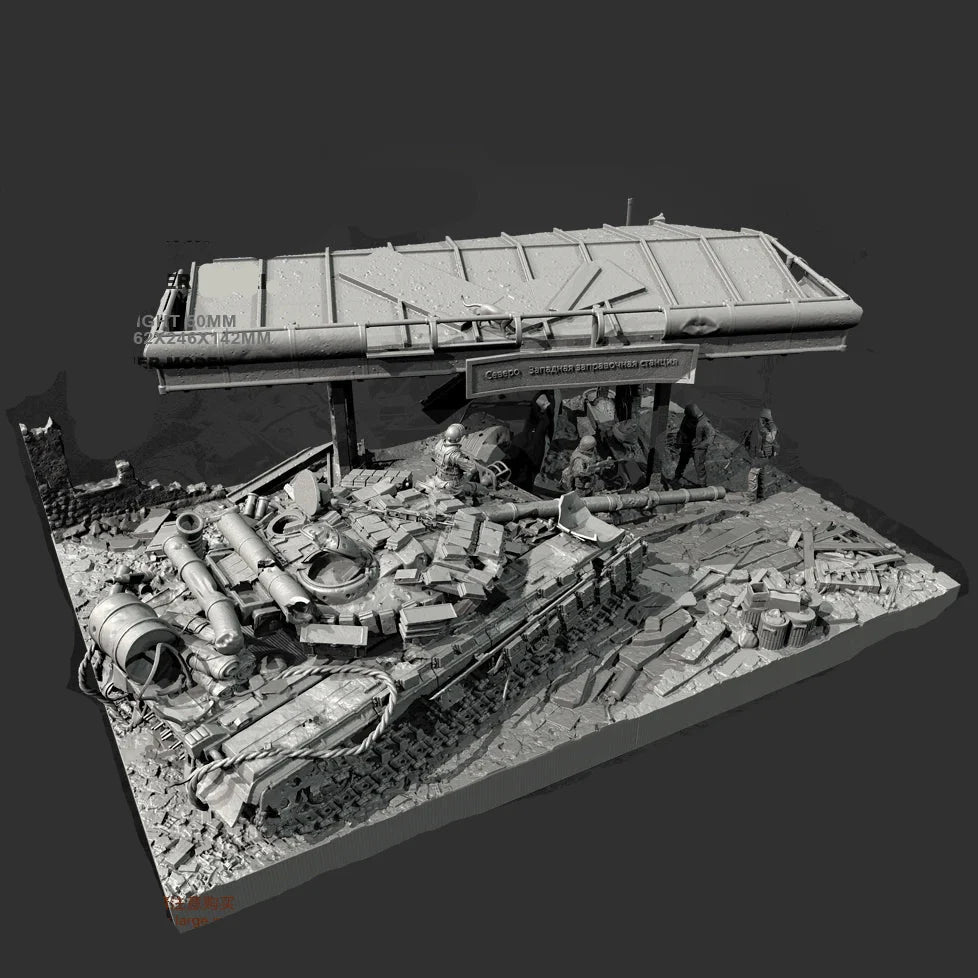 1/35 Scale Ultimate Urban Combat Diorama Kit - Ruined Gas Station & Tank Wreckage w/ 4 Figures